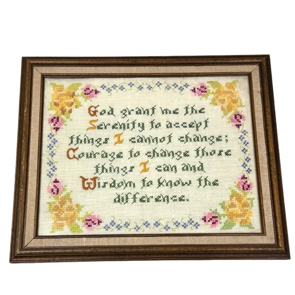 VTG Serenity Prayer Wood Frame Needlepoint Artwork Message Embroidered Handmade